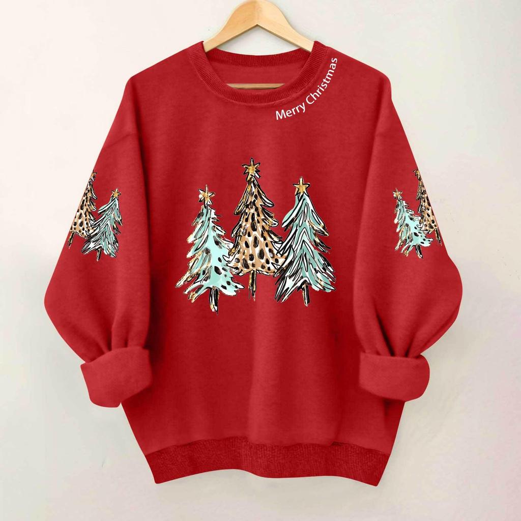 Ladies' Casual And Fashionable Round Neck Top With Christmas Print Hooded T-shirt Long Sleeved Sweatshirt