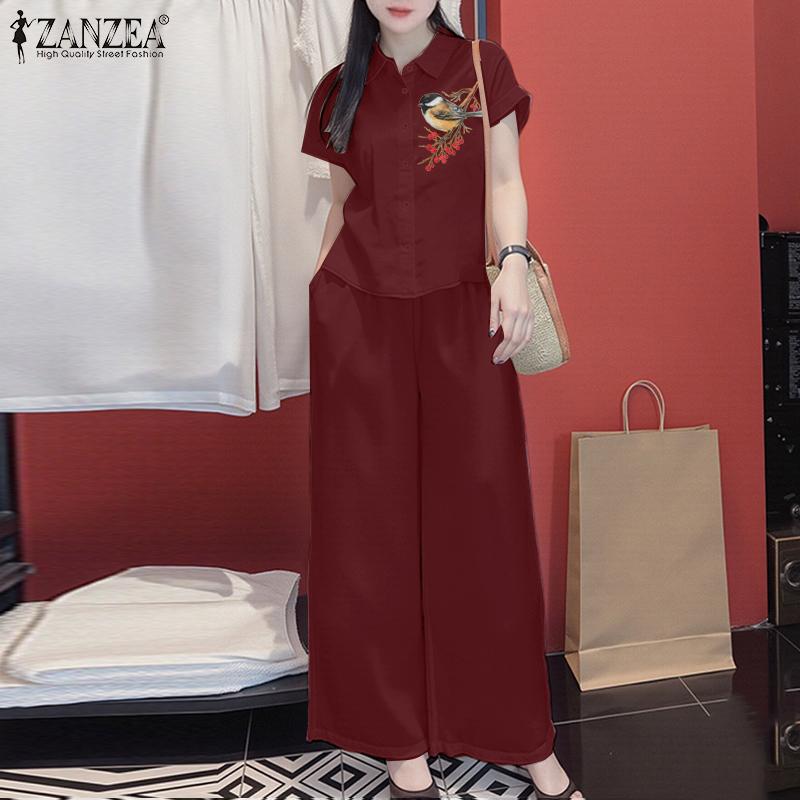 ZANZEA Women Short Sleeve Print Blouse and Pants Casual Two Piece Suit Sets