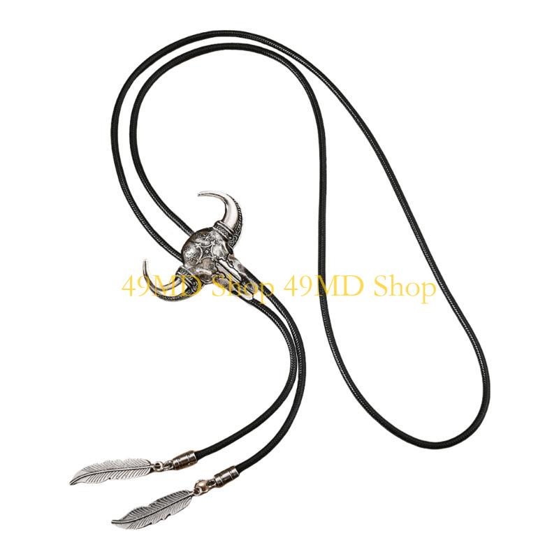 49MD Leather Rope Bolo Tie Vintage Turquoises Western Necklace with Pendant