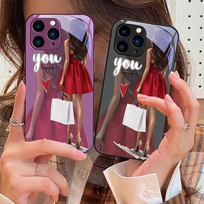 Shopping Cartoon Girl For IPhone 15 Pro 14 13 12 Mini 11 XS Max XR 7 8 Plu SE 2020 2022 Tempered Glass Phone Case
