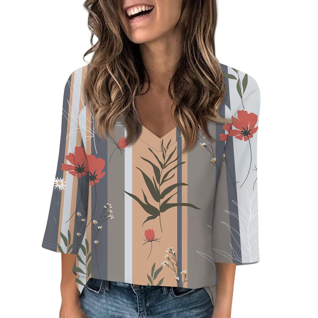 Women's V Neck 3/4 Sleeve Tops Casual T Shirts Basic Summer Tees Loose Pullover Top