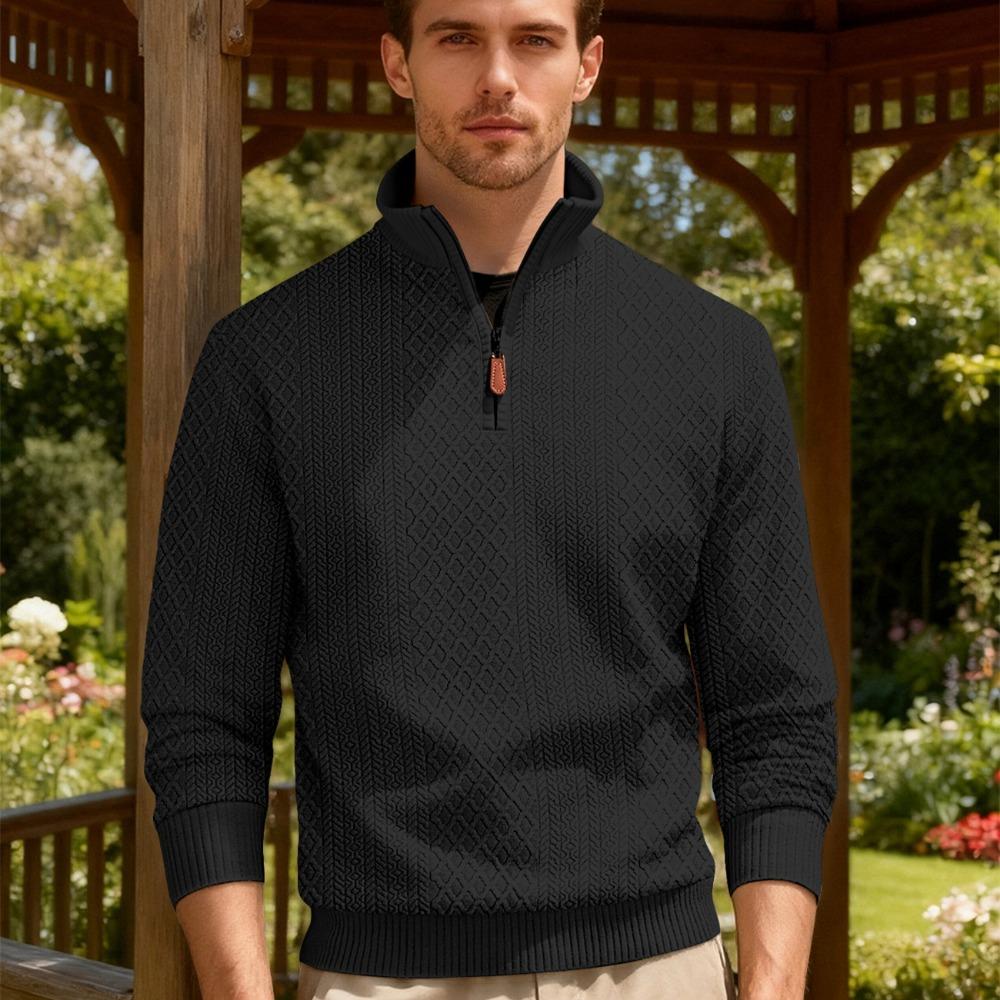 New American Fashion Men Sweatshirts Casual Loose Stand Collar Zip-up Long-sleeved Pullover Leisure Jacquard Solid Color Tops