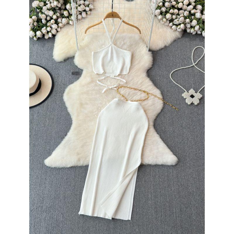 Seaside Vacation Hanging Neck Dress Women Spring Backless Mature Royal Sister Temperament Beautiful Chic Beautiful Set Skirts