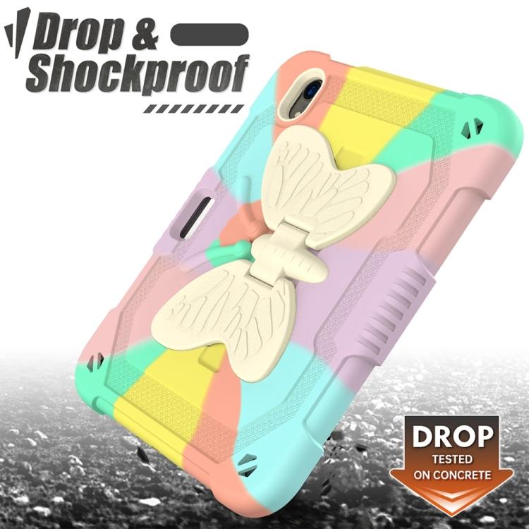 For iPad Mini 6 / Mini 2024 Beige PC + Silicone Anti-drop Protective Tablet Case with Butterfly Shape Holder & Pen Slot