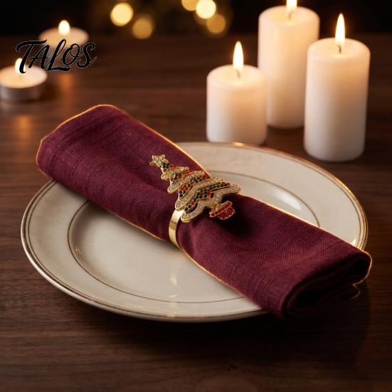 Winter Holiday Tableware Christmas Tree Napkin Ring, Alloy Rhinestone Holder, Home Kitchen Table Accessories Band for Dinner Parties Decoration