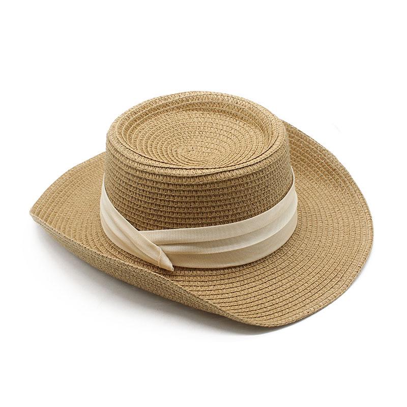 Sunscreen Summer Shade French Flat Top Straw Hat Black Belt Women'S Triple Fold With Seaside Beach Top Hat Sunscreen Woven