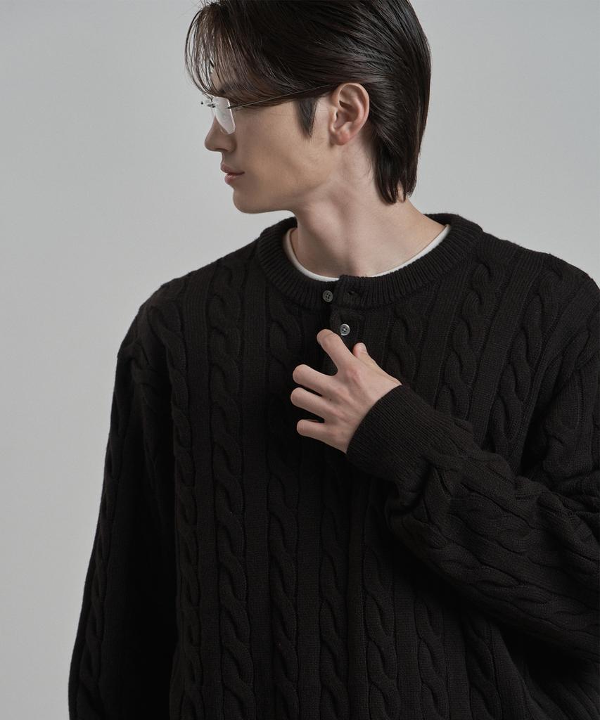 WORK ON BODY OFF Tord Semi-Overfit Cable Henley Neck Knit [Black]