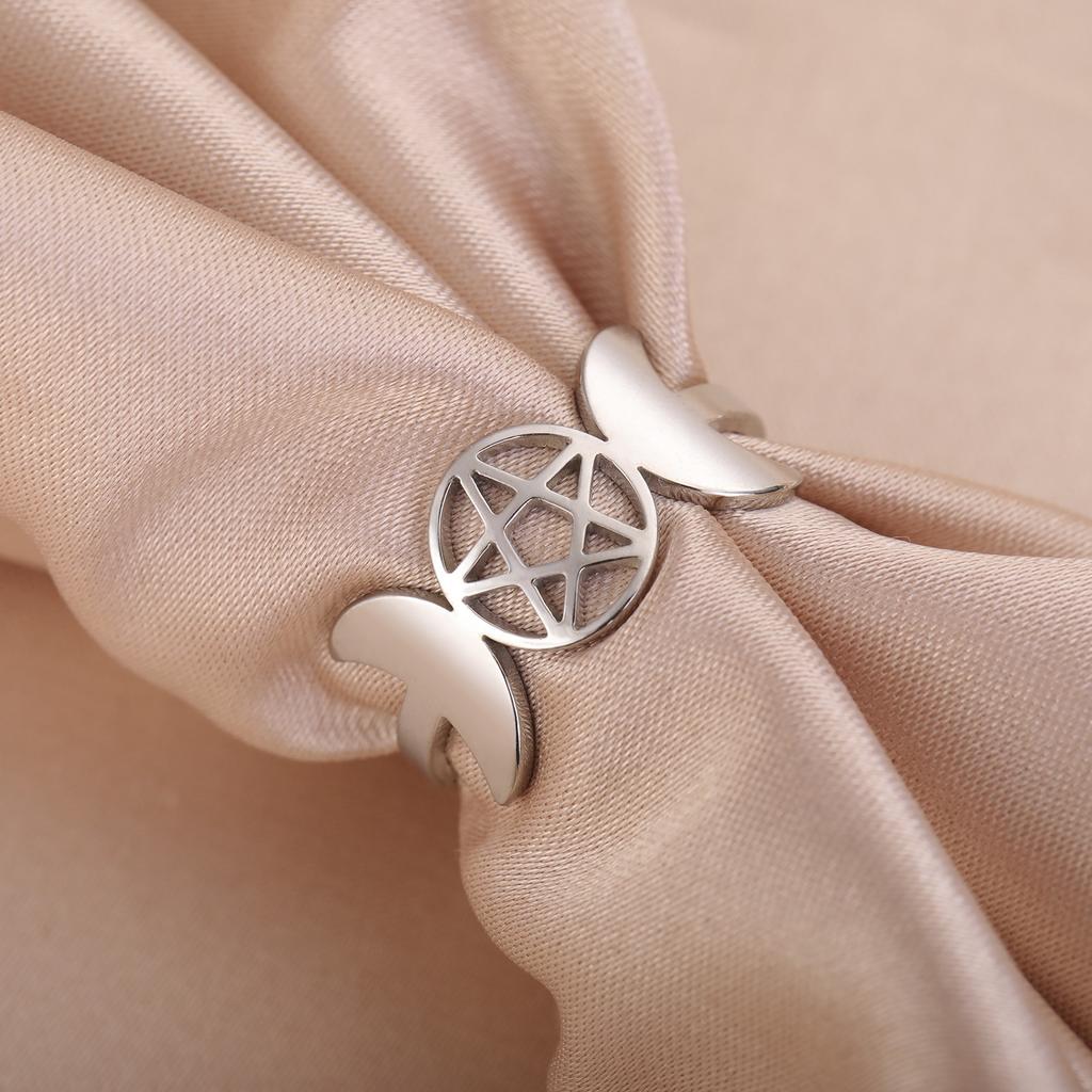 Triple Moon Goddess Pentagram Rings for Women Stainless Steel Pentacle with Two Moons Ring Wicca Amulet Jewelry Gift