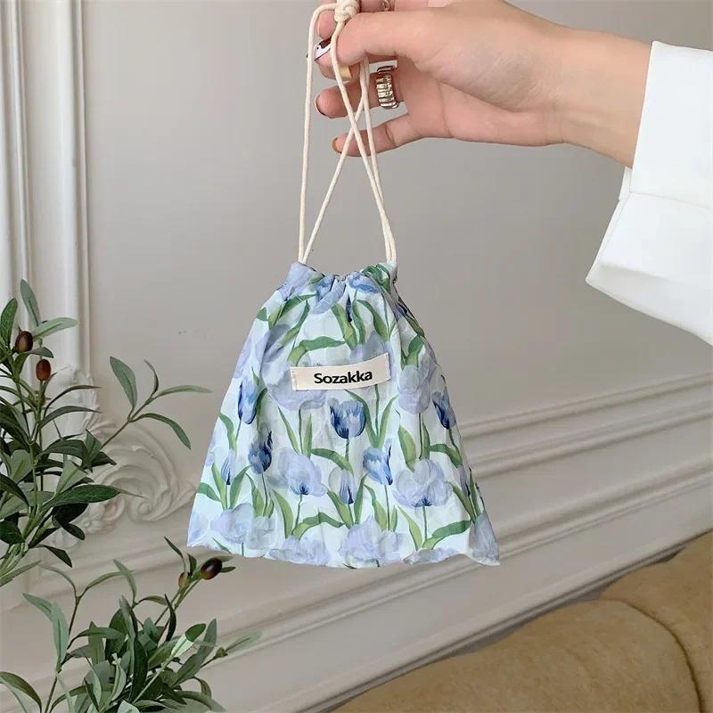 Floral Print Drawstring Coin Purse Lipstick Makeup Bag Travel Organizer Keys Earphone Storage Bag Makeup Pouch Cute Purse Wallet