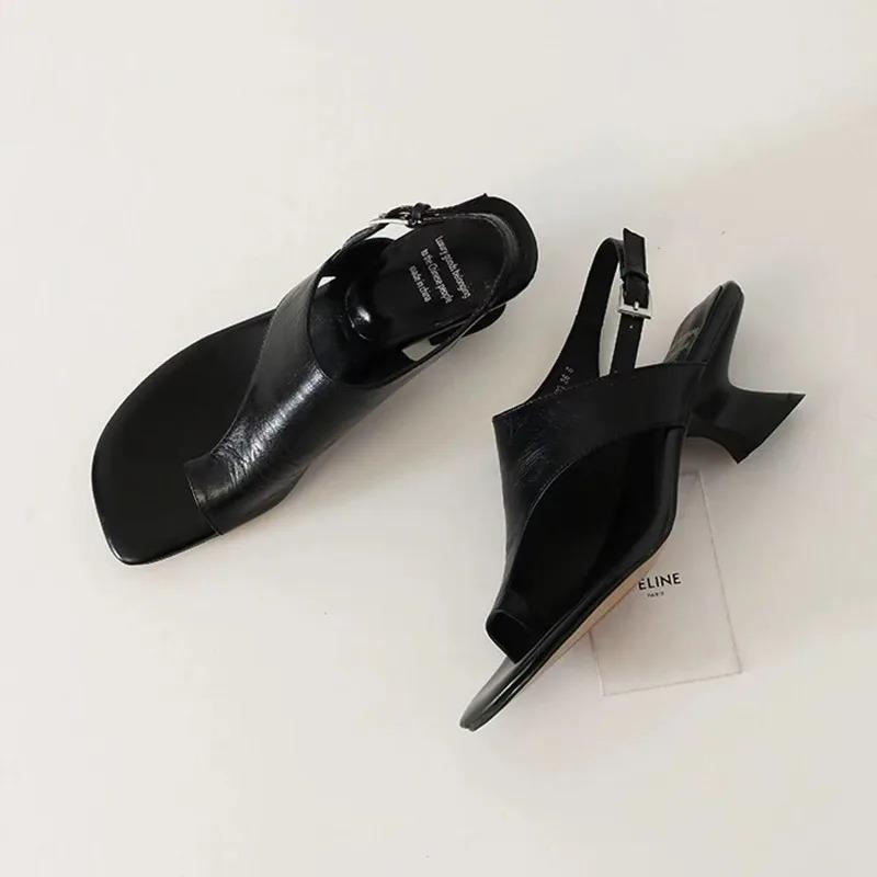 NEW Women's Classic Style Full Genuine Leather Chunky Heel Sandals With Square Toe And Solid Colour Casual Shoes