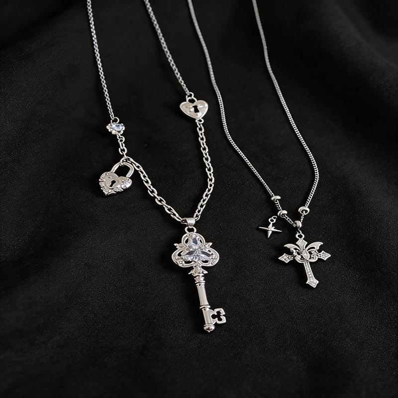 Light Luxury Zircon Starburst Key Cross Necklace - Fashionable Clavicle Chain for Women