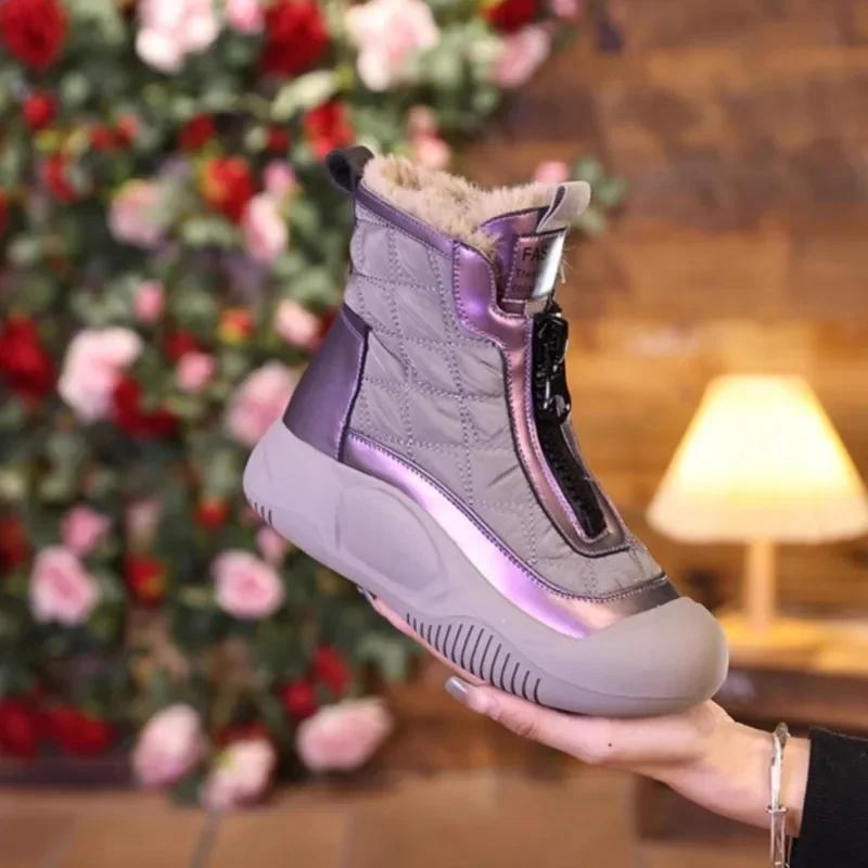 Fashion Women Cotton Shoes Plush  Thick Sole Zipper Anti Slip Warm Ankle Boots Lace Up Platform Height Increasing Snow Boots2025