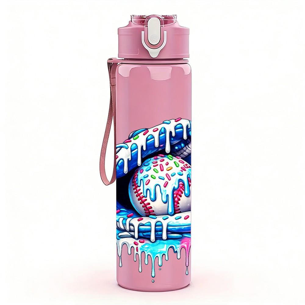 1PC Abstract Baseball Ball Graffiti Print 750ml Color Plastic Sports Water Bottle Leakproof Flip Straw Lid Suitable for Sports Office Home Use