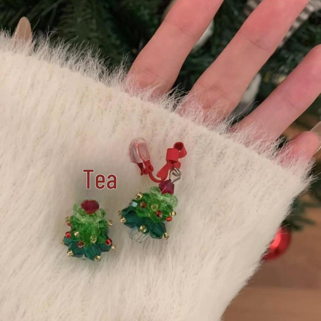 3D Christmas Tree Earrings with Red Bow - Heavy Beaded Crystal Ear Clips, Hand-Woven Holiday Accessories