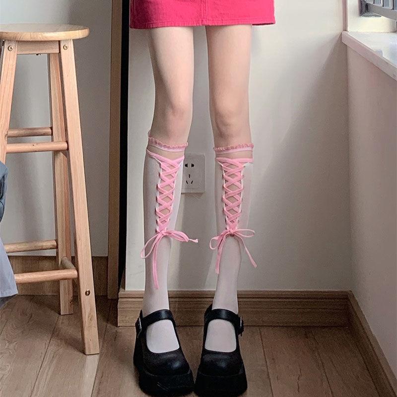

Hollow Cross-Tie JK Calf Socks | Sweet-Cool Y2K Lace Ruffle Contrast Knee-High Socks - Strappy Garter Socks for Women