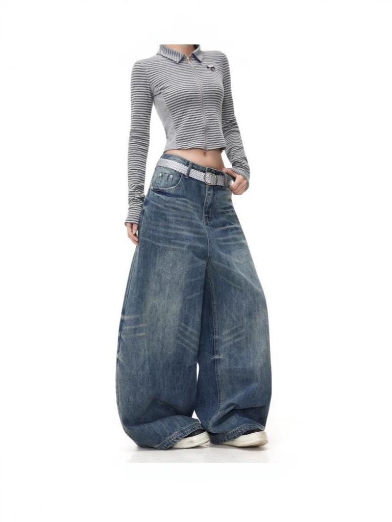 Unisex Retro Denim Wide-Leg Jeans – Trendy, Loose, Distressed Floor-Length Silhouette for Autumn