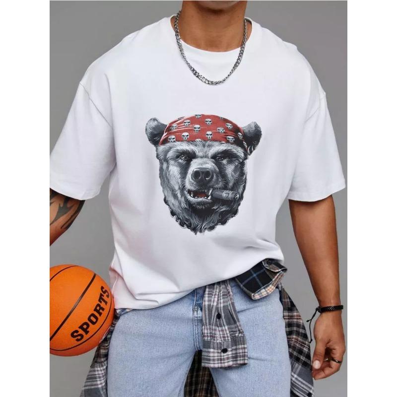 Bear Head Bandana T Shirt White Bear with Red Skull Bandana and Cigar Graphic Streetwear Casual Wear