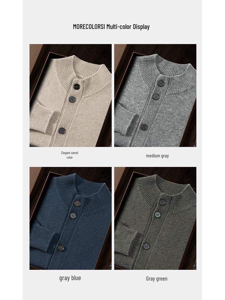 Men's Business Casual Cashmere Cardigan - Thick Stand Collar Wool Knit for Autumn & Winter