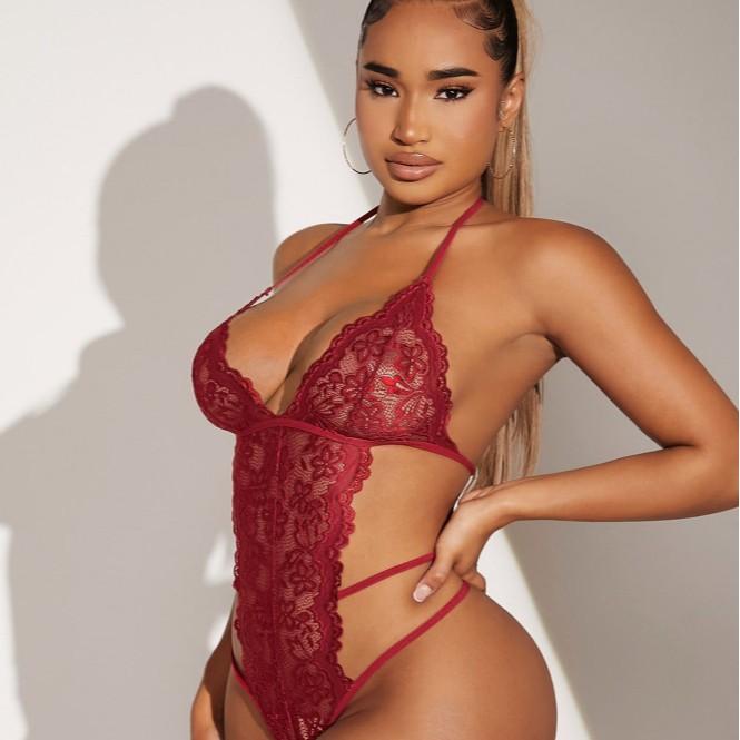 Deep V perspective sexy lace women's three-point seduction sexy backless sexy lingerie