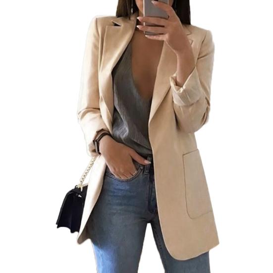 Costume de bureau mode pour femme Couleur unie Sans bouton Revers Coupe ajustée Blazer Manteau