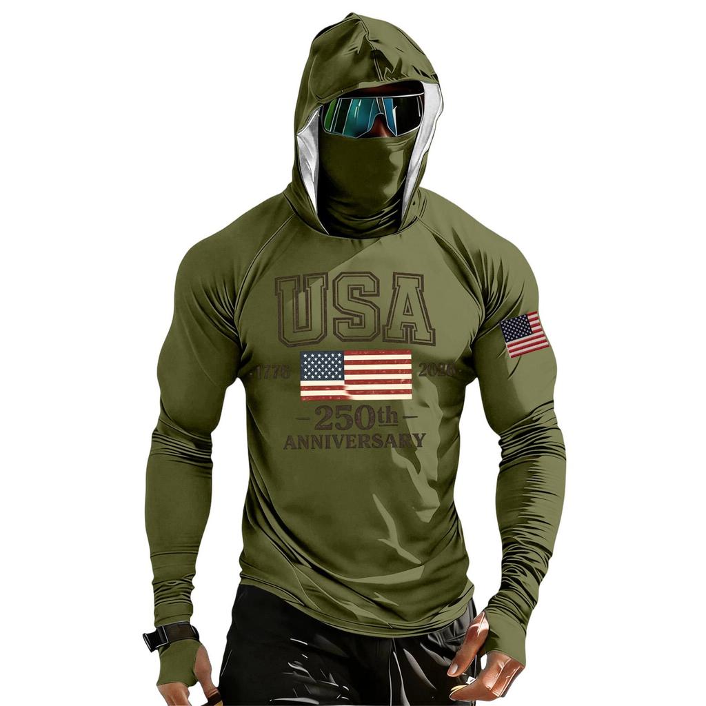 Men's Casual Raglan Sleeve Hooded Long Sleeve Sun Protection Shirt USA 250th Anniversary Graphic Lightweight Performance Top
