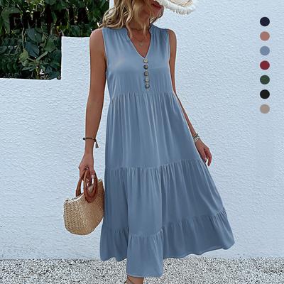 Summer Sleeveless Pleated Skirt Loose V-neck Midlength Dress