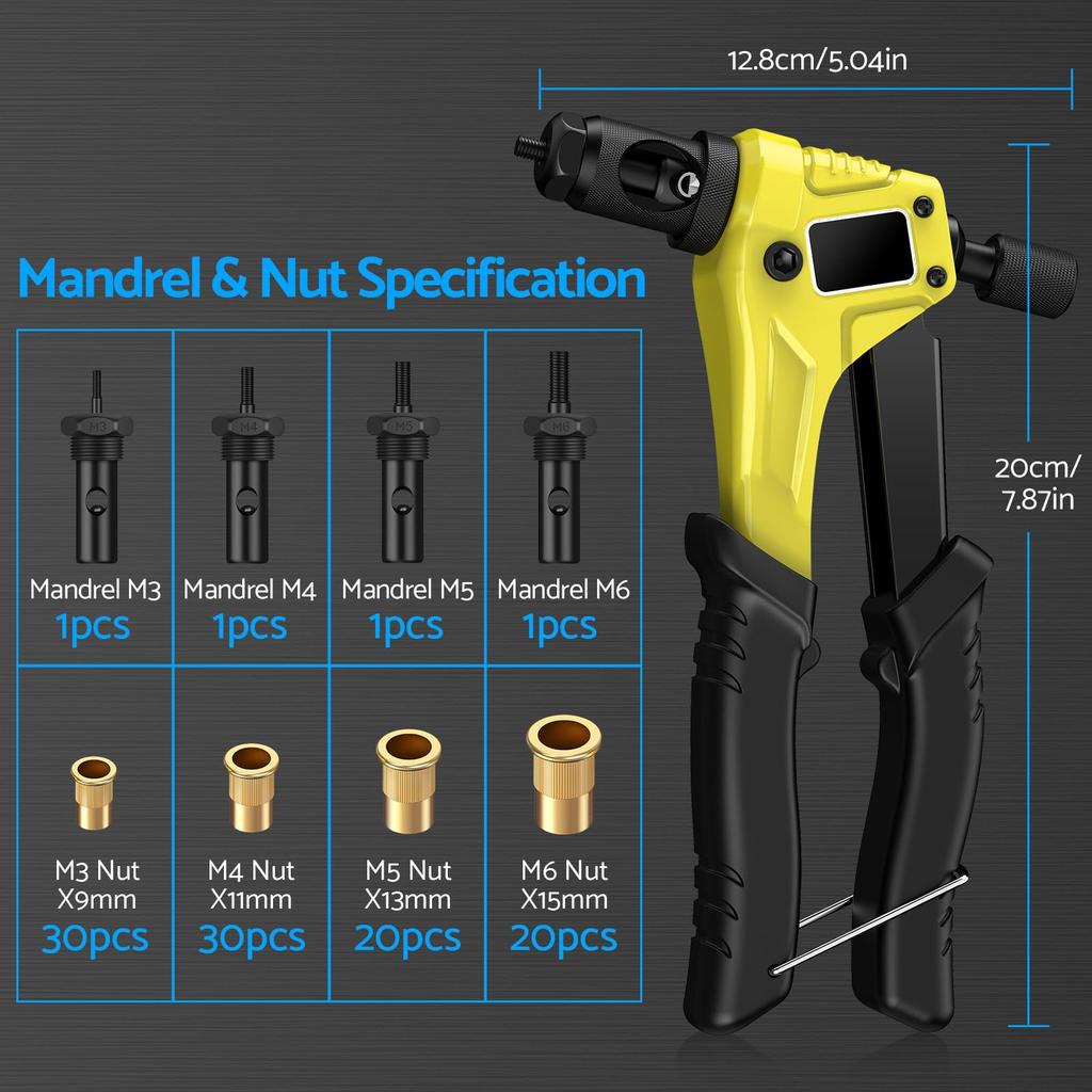 eSynic Hand Riveter Set of Screw Nut Rivet Rivet Tool Kit Set, 100-Piece M3/M4/M5/M6 Inserts, Steel/Aluminum (Yellow)