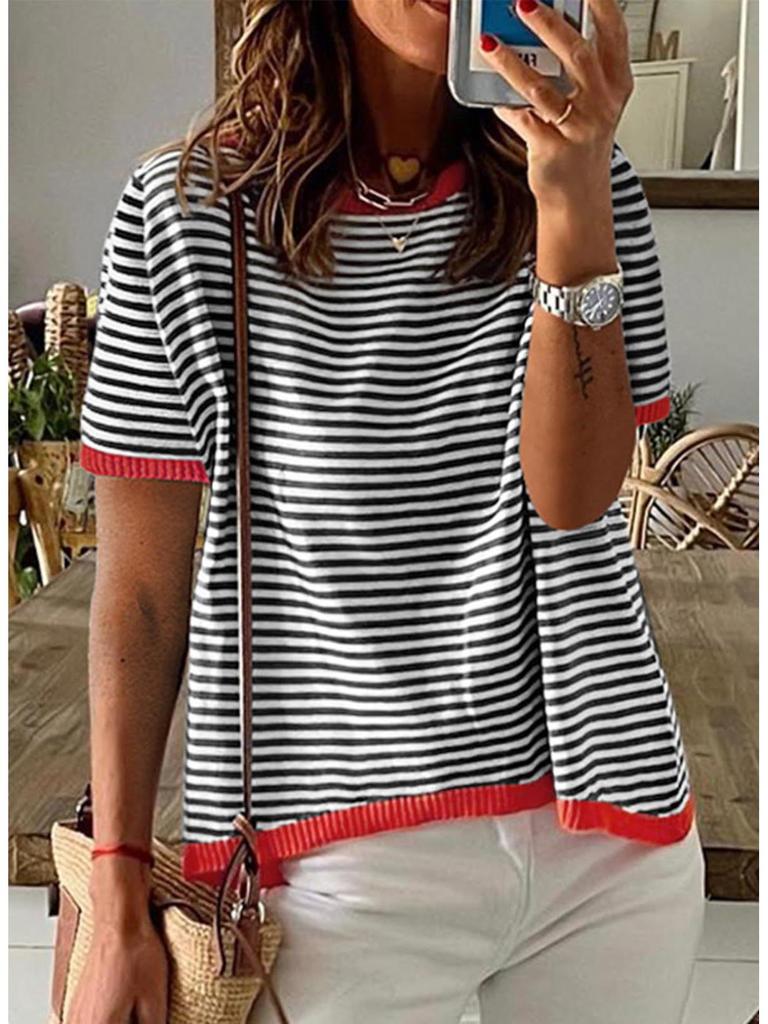 2025 Striped Contrast Knit Sweater: European/American Style, Drop Shoulder, Short Sleeve Top