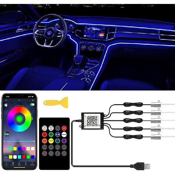 Car LED Interior Strip Lights, TEKSHINNY RGB Car Interior LED Light Wireless APP And Remote Control, 5 In 1 Ambient Lighting Kit With 236 Inches