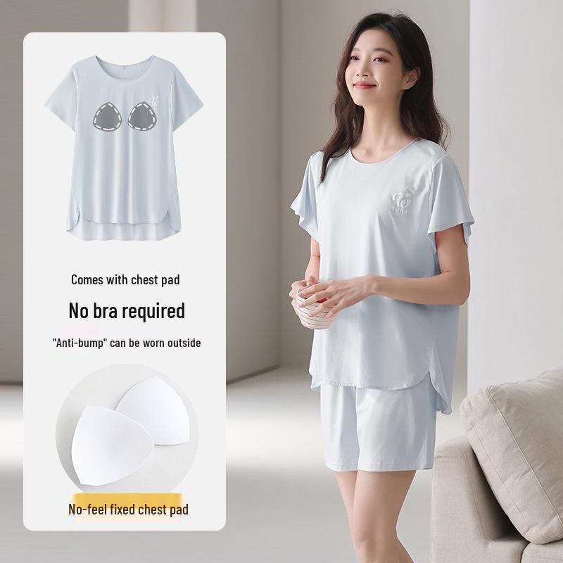 Lyocell Women's Summer Short Sleeve Pajama Set with Chest Pads - Casual Plus Size Home Wear