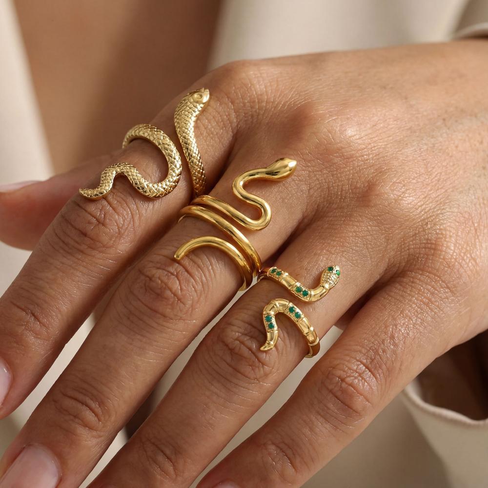 Zircon Snake Rings for Women Men Stainless Steel Gold Color Open Adjustable Ring Vintage Gothic Aesthetic Jewelry Anillos Mujer