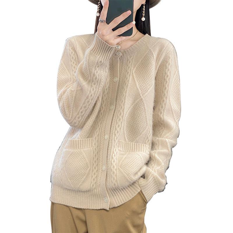 Round Neck Outer Autumn Knit Sweater & Pure Wool Cardigan for Women - New Style Solid Color Top 2023
