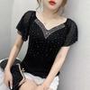Summer Fashion Korean Clothes T Shirt Sexy V Neck Diamonds Women Ruffled Sleeve Tees All Match