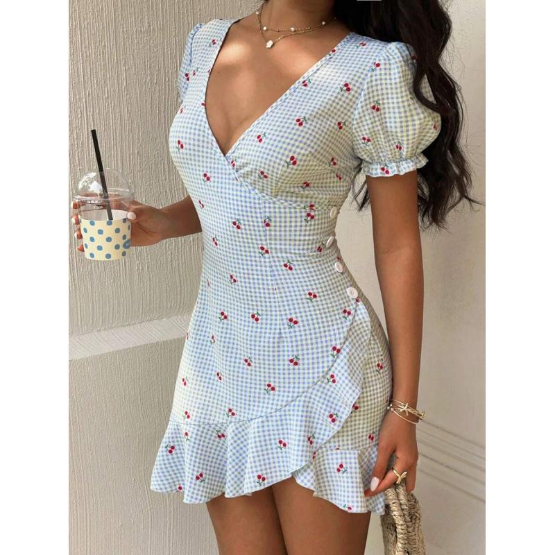 European summer new French design age-reducing cherry print V-neck ruffle edge dress