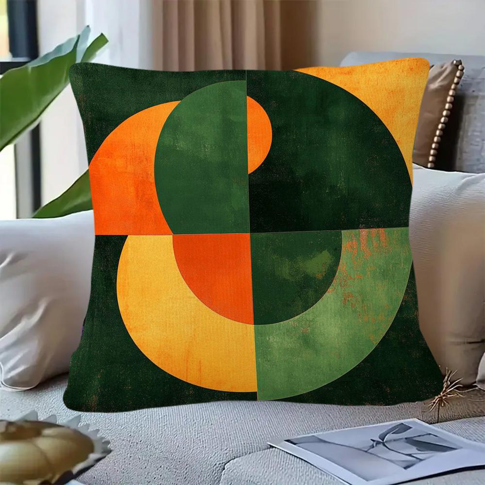 Double Sided Retro Geometric Pattern Throw Pillow Cover With Green And Orange Abstract Design For Home And Office