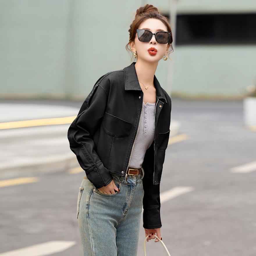 

Женская кожаная куртка, пальто, новое дизайнерское чувство, ретро, куртка-локомотив, маленький короткий топ XL чёрный