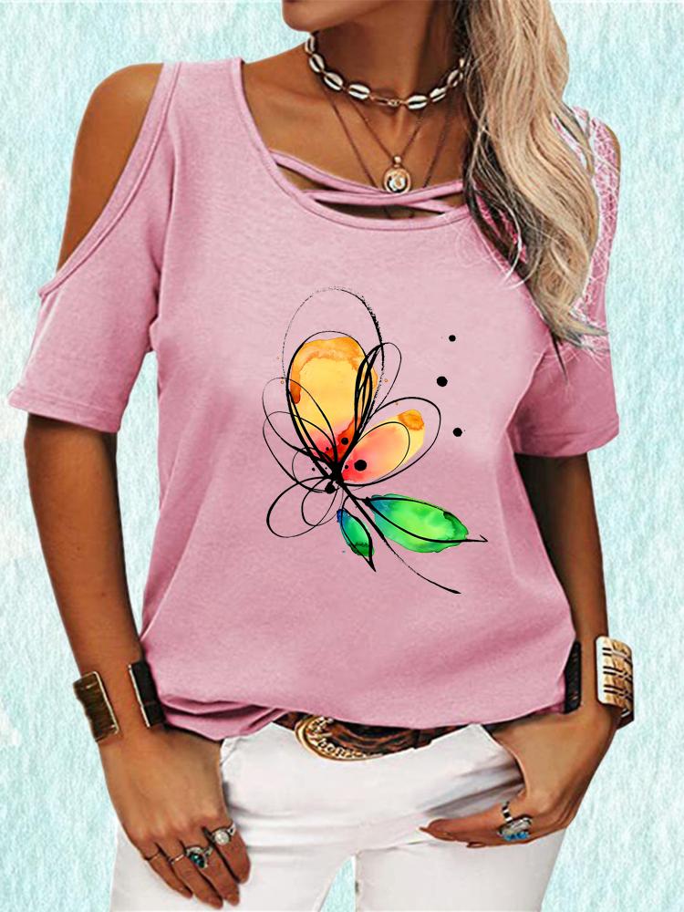 Off Shoulder Women Tee Shirt Casual Short Sleeve Top Round Neck T-shirt Summer Print Tee Shirt