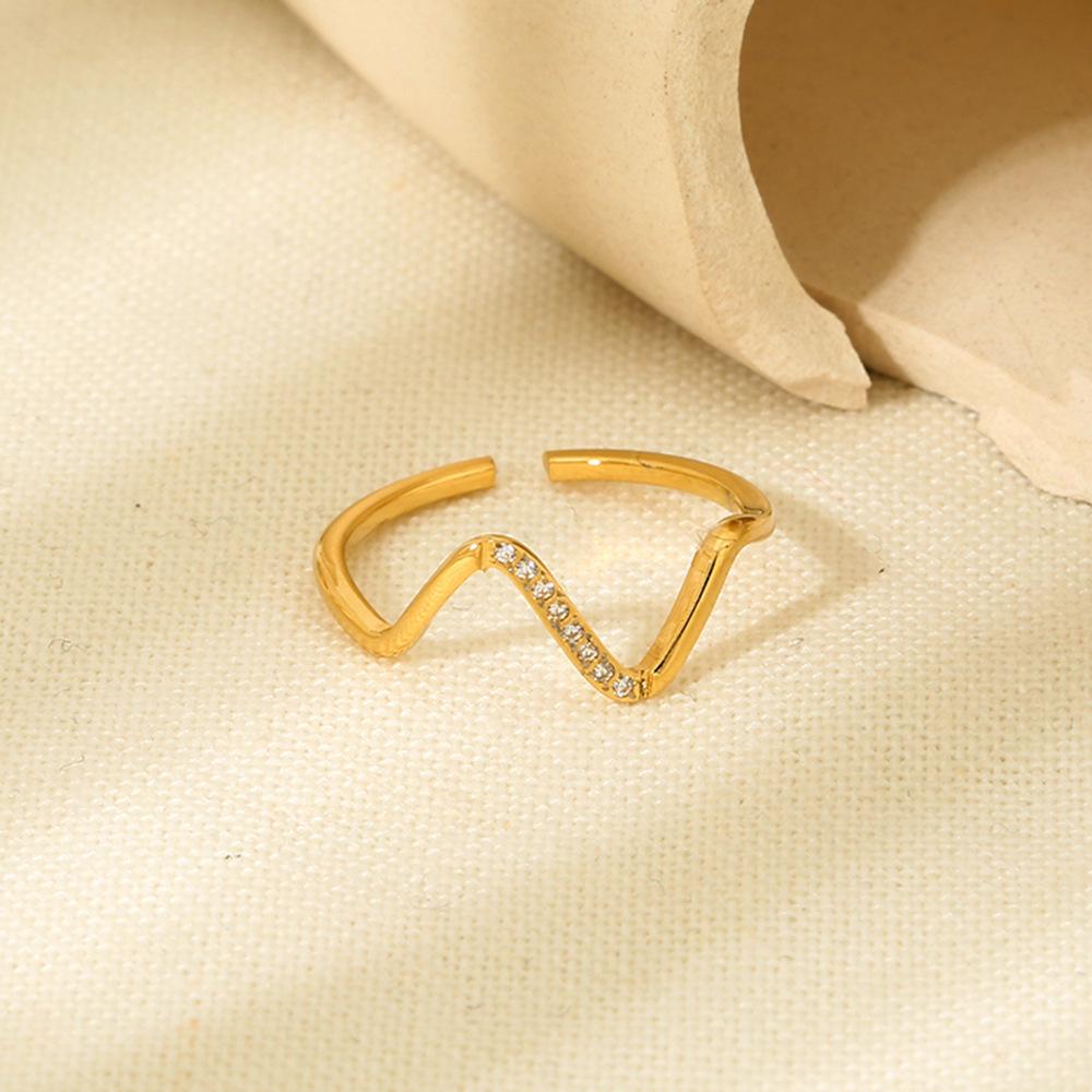 Ins Simple Wave Micro-inlaid Zircon Opening Ring Does Not Fade Plated with 18k Gold Stainless Steel Versatile Jewelry Women