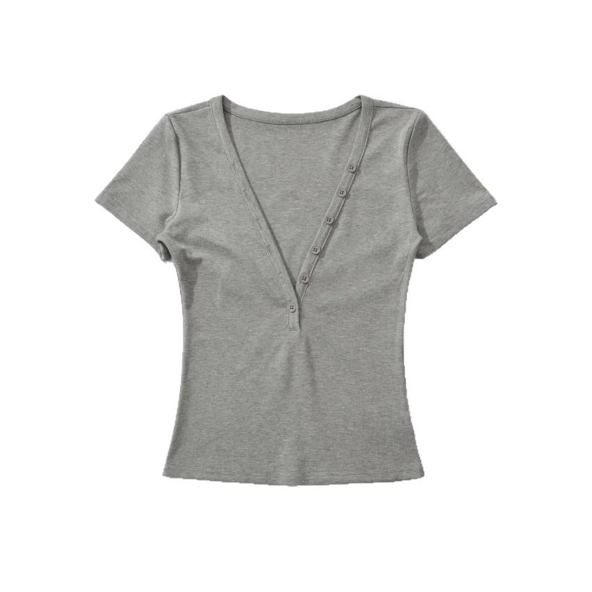 Sexy Deep V-neck Short-sleeved T-shirt Women's Summer New American Spice Girl Style Solid Color Slim-fitting and Thin Bottoming Top