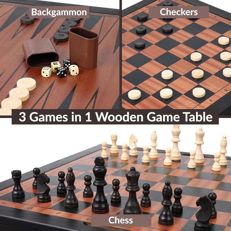 Jogos Mesa de Xadrez de Madeira Xadrez Damas e Gamão 3 em 1 Combo Mesa de Jogo Conjunto de Mobiliário para Recreação Doméstica 25 x 25 Compac