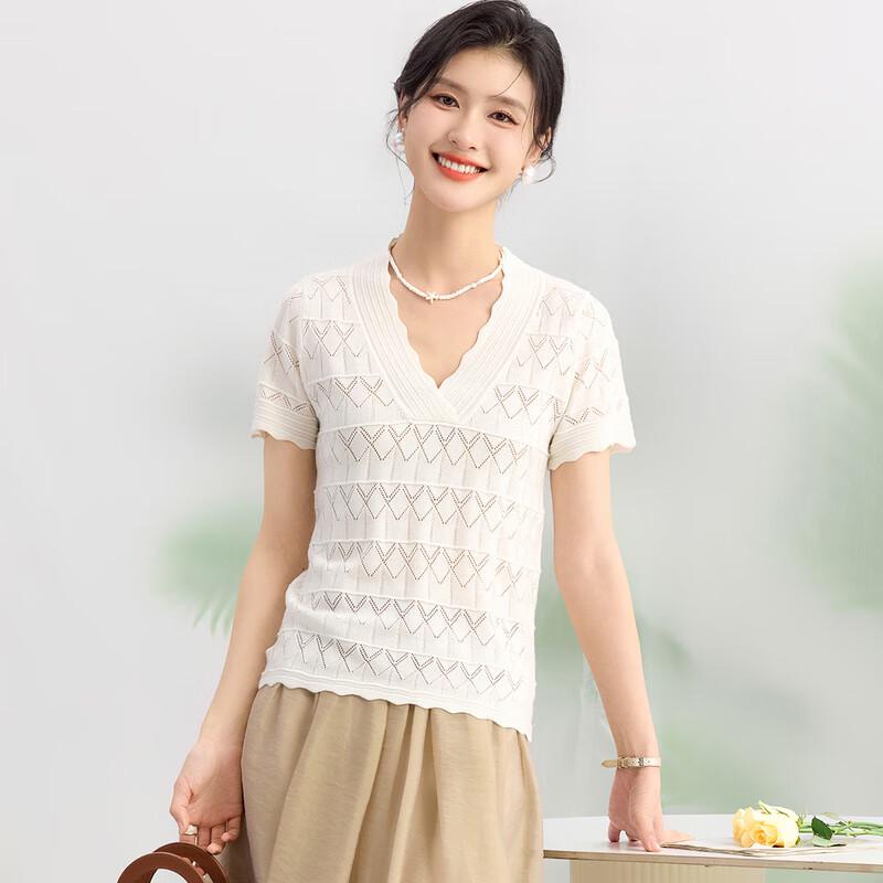 Golden Chrysanthemum Mulberry Silk Blend Lace V-Neck Knit Top XL