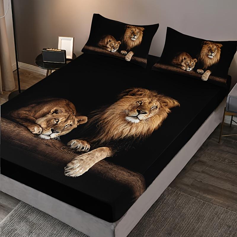 3pcs Fitted Sheet Set Black Lion Animal 3D Printed 100% Polyester Cover Breathable Bedding Set Home Decor with 2 Pillowcases