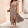 Women's V-Neck Short Sleeve Polka Dot Shirt Dress with Tie Waist and Flared Skirt