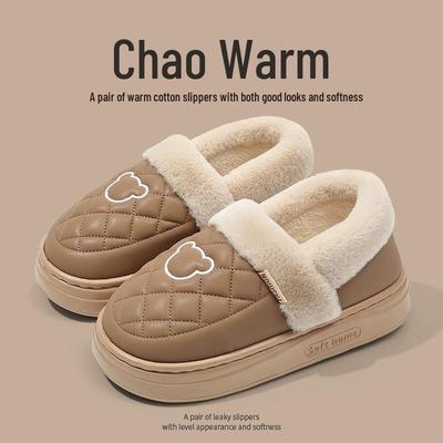 Pantoufles d'hiver en velours duveteux à semelles épaisses pour femmes avec talon imperméable; Chaussures d'extérieur chaudes en coton pour hommes