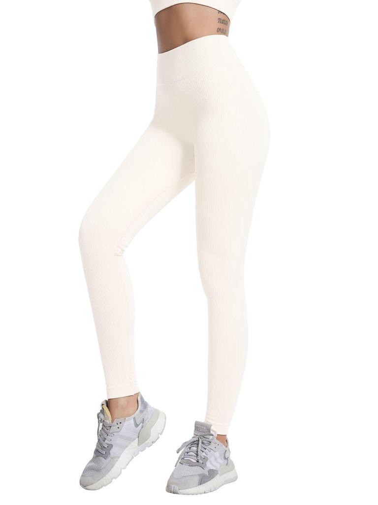 Women's Seamless Ribbed Yoga Leggings - Solid Color, Nine-Point Fit