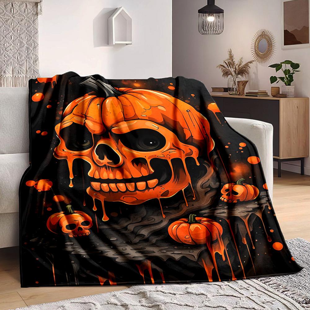 1pc Pumpkin Skull Print Blanket Lightweight Flannel Throw Blanket For Sofa, Bed, Living Room, Office, Outdoor Travel, Camping 75X95CM