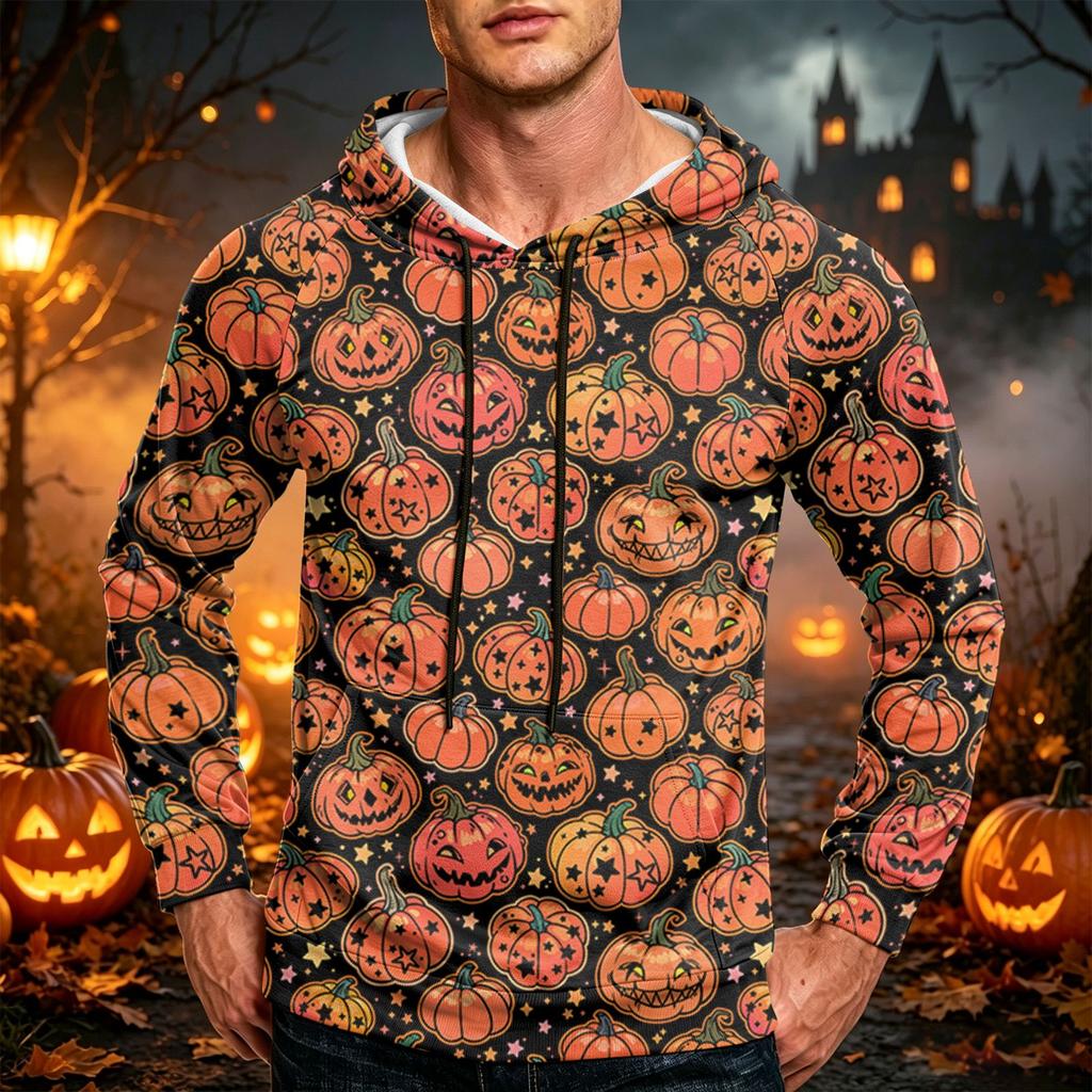 Men's Casual Loose Fit Printed Hoodie with Kangaroo Pocket and Drawstring for Everyday Wear