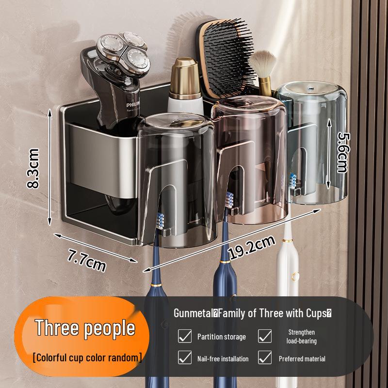 No-Drill Aluminum Wall-Mounted Toothbrush and Toothpaste Holder with Mouthwash Cup