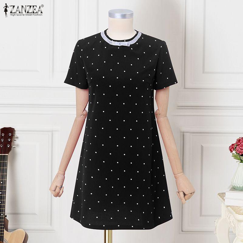 ZANZEA Women Short Puff Sleeve Polka Dot Slim Waist Casual A-line Dress