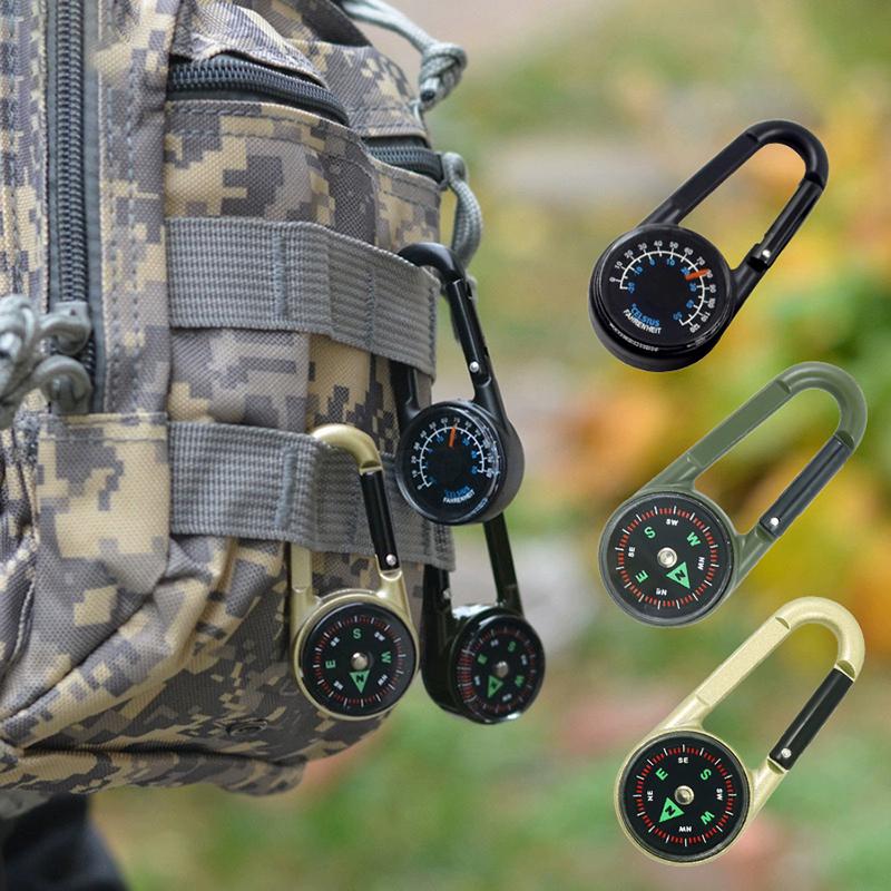 1Pc 3 In 1 Double Sided Mini Compass Carabiner Keychain With Compass Thermometer Outdoor Hiking Survival Zinc Alloy Key Ring